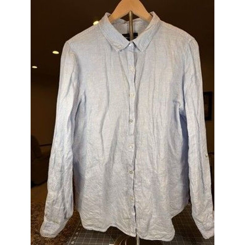 Tahari Women's XL 100% Linen Light Blue Long Sleeve Button Front Shirt